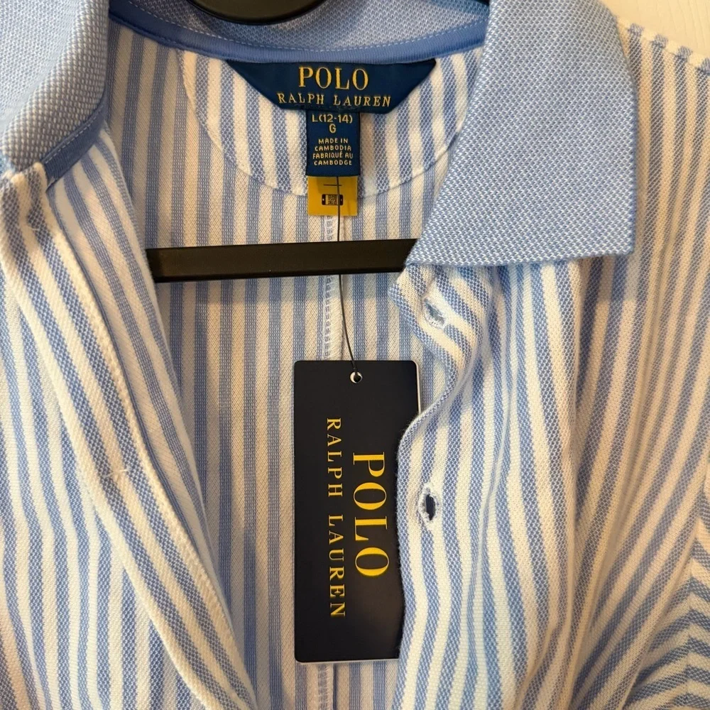 Ralph Lauren Blue and White Striped Polo Shirt Dress with Yellow Belt